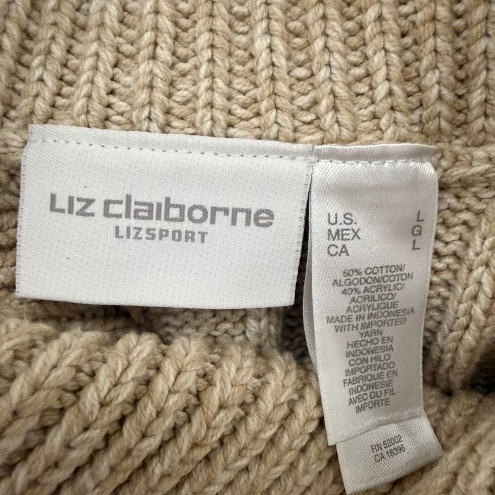 Liz Claiborne LizSport Cable Knit Cowl Neck Sweater | Tan | Size L - Picture 7 of 9